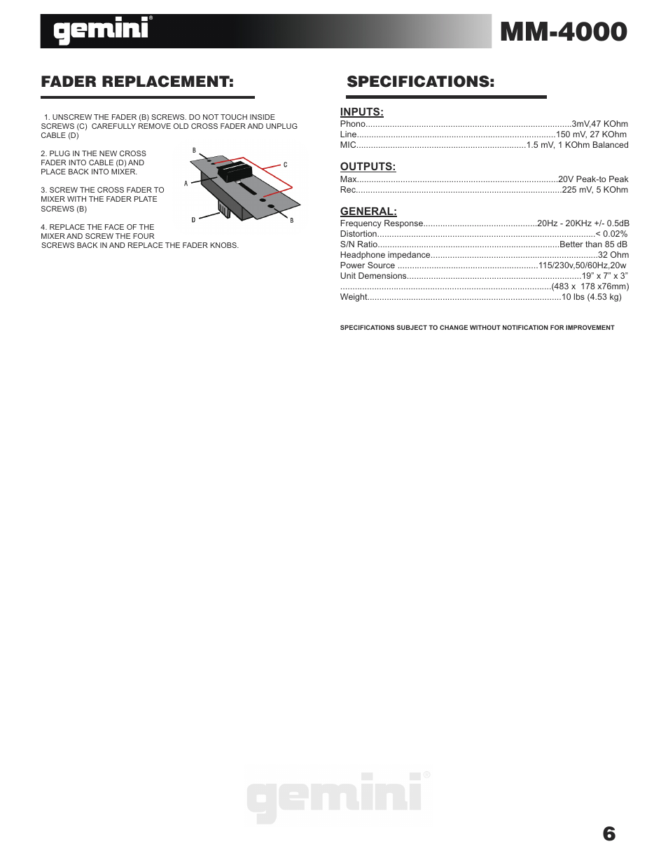 Mm-4000, Fader replacement: specifications | Gemini MM-4000 User Manual | Page 6 / 23