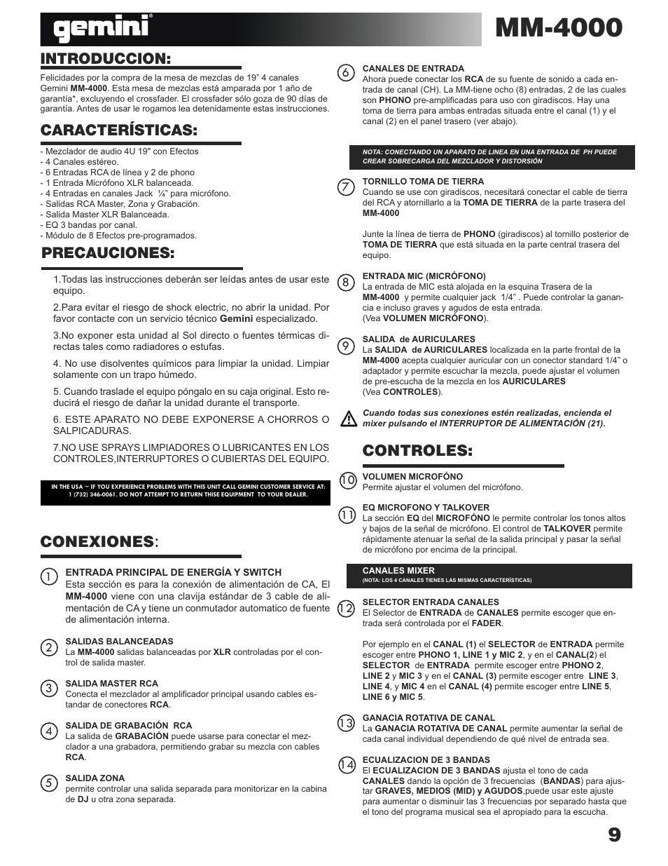 Mm-4000, Introduccion, Características: precauciones | Conexiones : controles | Gemini MM-4000 User Manual | Page 9 / 23