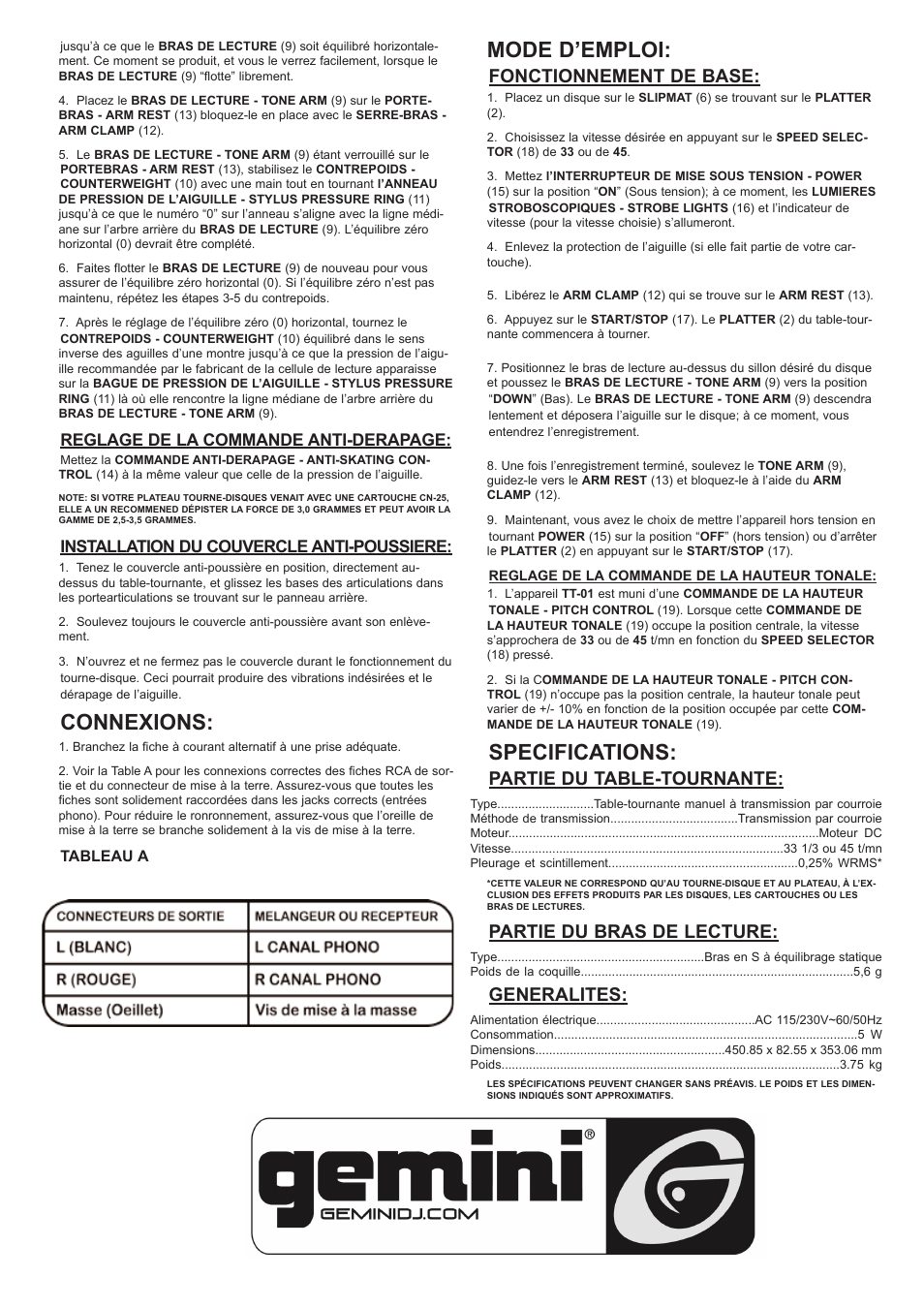 Connexions, Mode d’emploi, Specifications | Fonctionnement de base, Partie du table-tournante, Partie du bras de lecture, Generalites, Reglage de la commande anti-derapage, Installation du couvercle anti-poussiere | Gemini TT-01 User Manual | Page 11 / 12