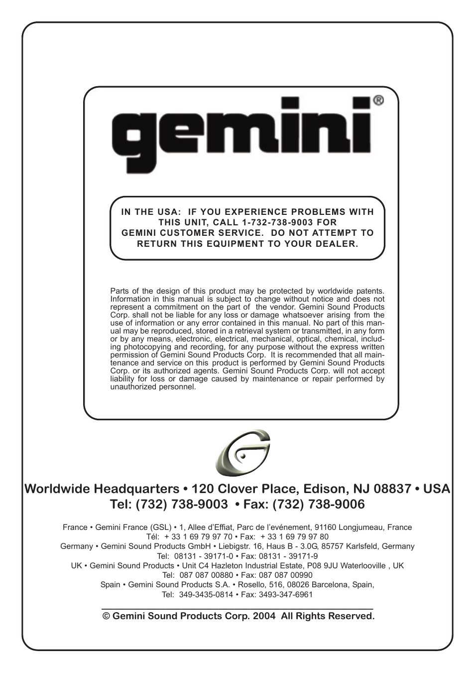 Gemini TT-01 User Manual | Page 12 / 12