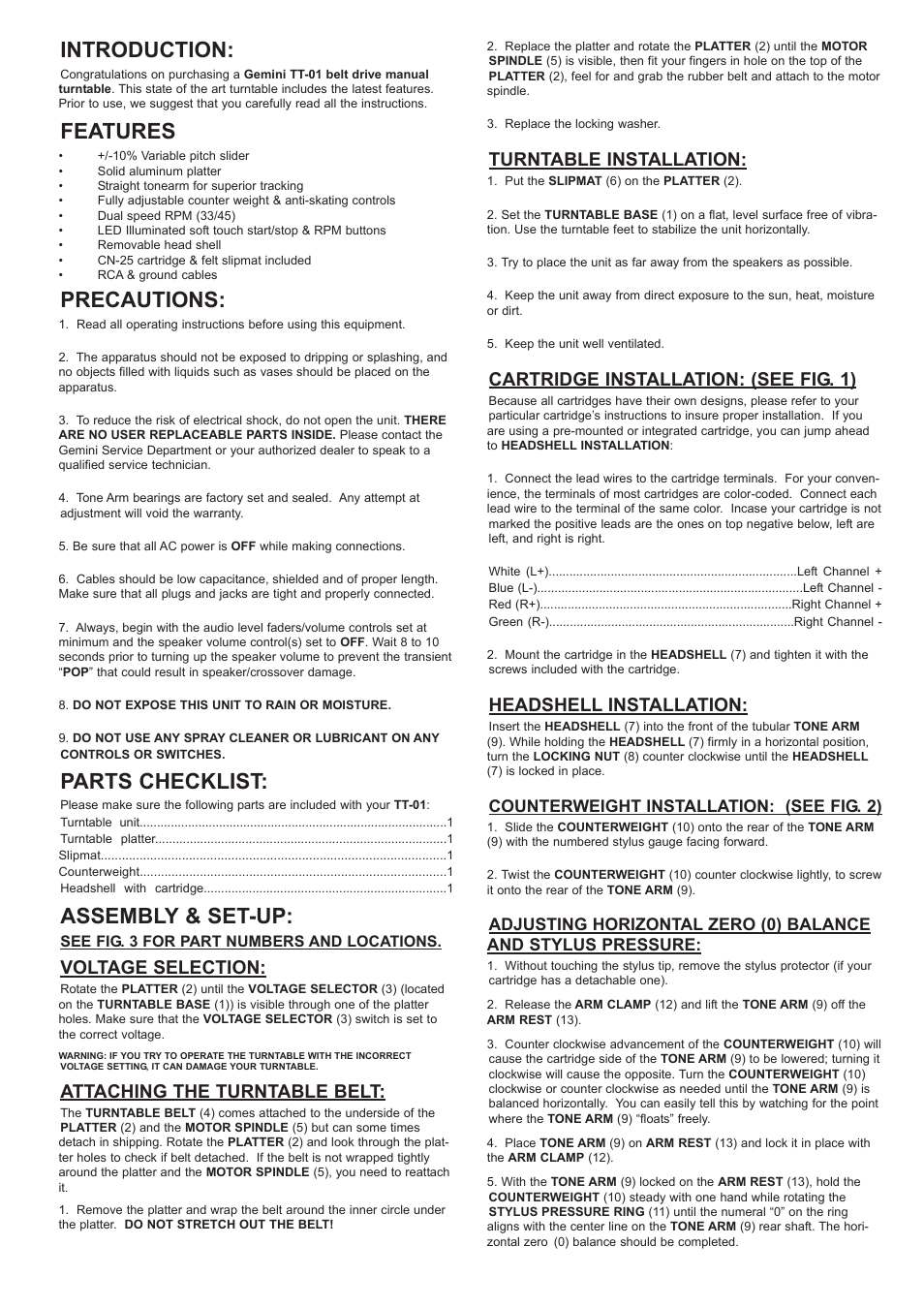 Introduction, Features, Precautions | Parts checklist, Assembly & set-up, Voltage selection, Attaching the turntable belt, Turntable installation, Cartridge installation: (see fig. 1), Headshell installation | Gemini TT-01 User Manual | Page 4 / 12