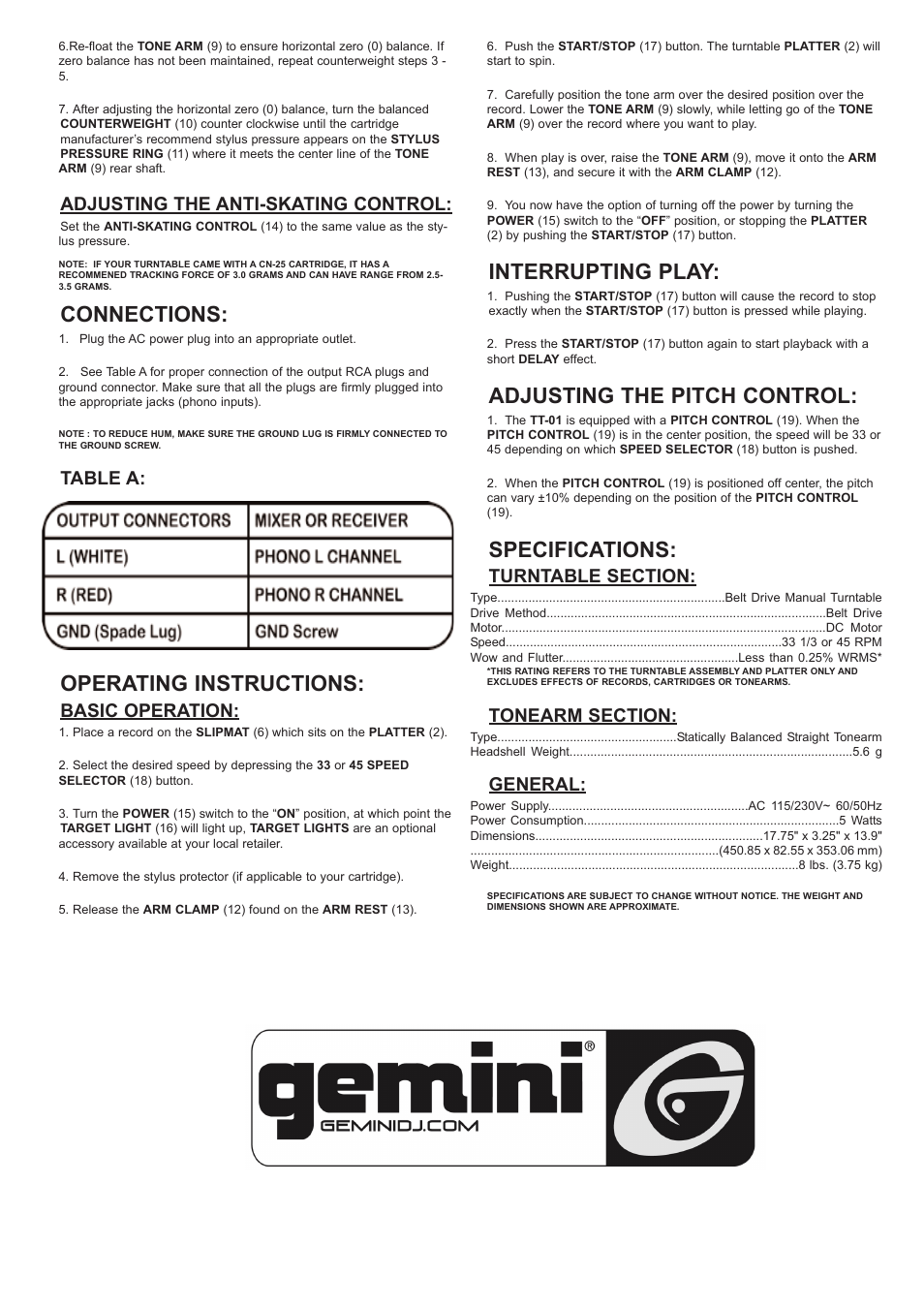 Connections, Operating instructions, Interrupting play | Adjusting the pitch control, Specifications, Adjusting the anti-skating control, Table a, Basic operation, General | Gemini TT-01 User Manual | Page 5 / 12