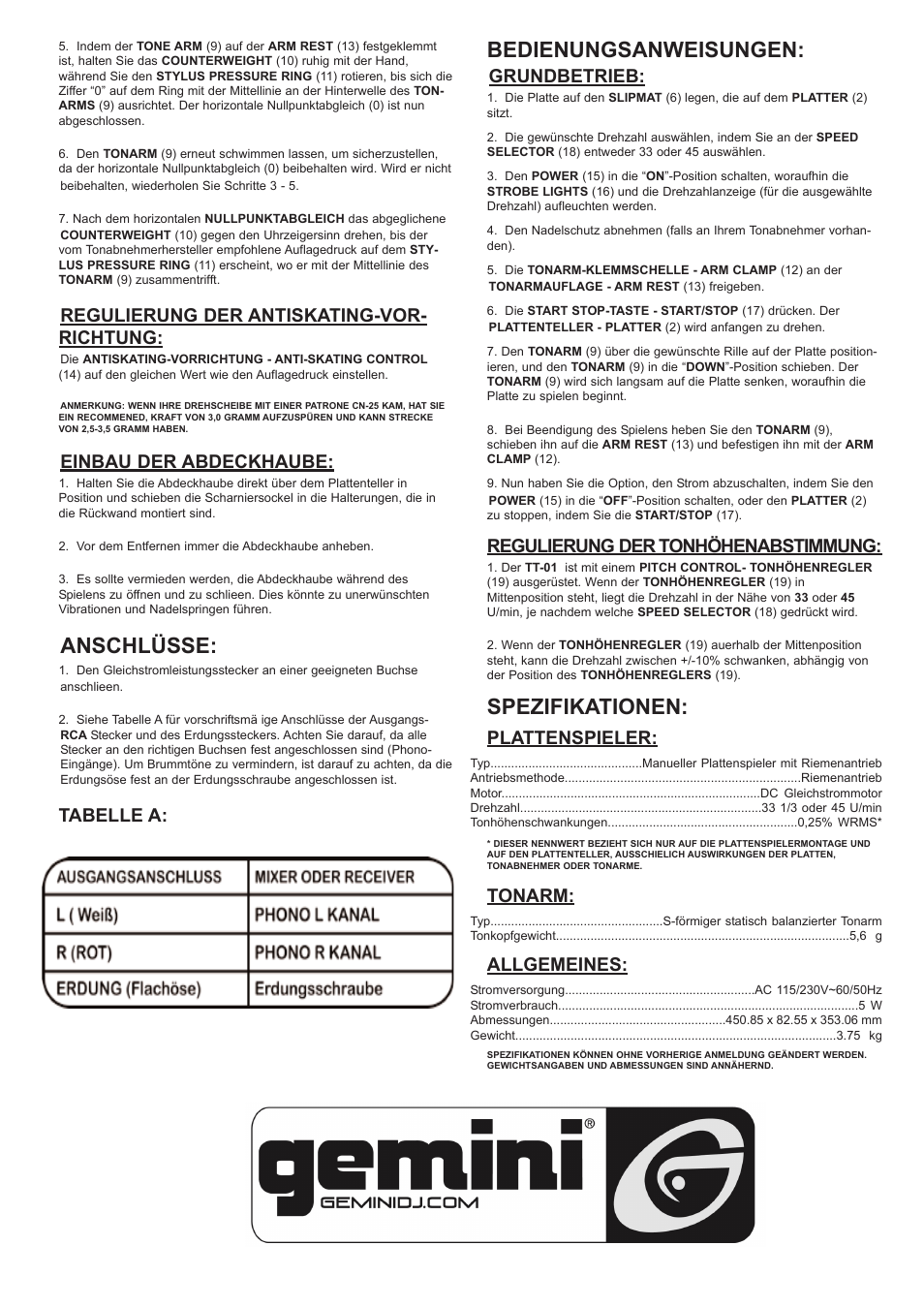 Anschlüsse, Bedienungsanweisungen, Spezifikationen | Regulierung der antiskating-vor- richtung, Einbau der abdeckhaube, Tabelle a, Grundbetrieb, Regulierung der tonhöhenabstimmung, Plattenspieler, Tonarm | Gemini TT-01 User Manual | Page 7 / 12