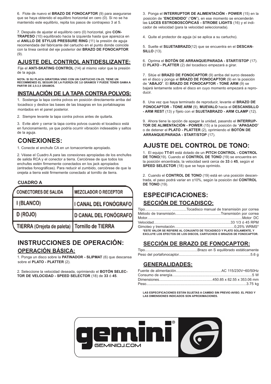 Conexiones, Instrucciones de operación, Ajuste del control de tono | Especificaciones, Ajuste del control antideslizante, Instalación de la tapa contra polvos, Operación básica, Sección de tocadisco, Sección de brazo de fonocaptor, Generalidades | Gemini TT-01 User Manual | Page 9 / 12