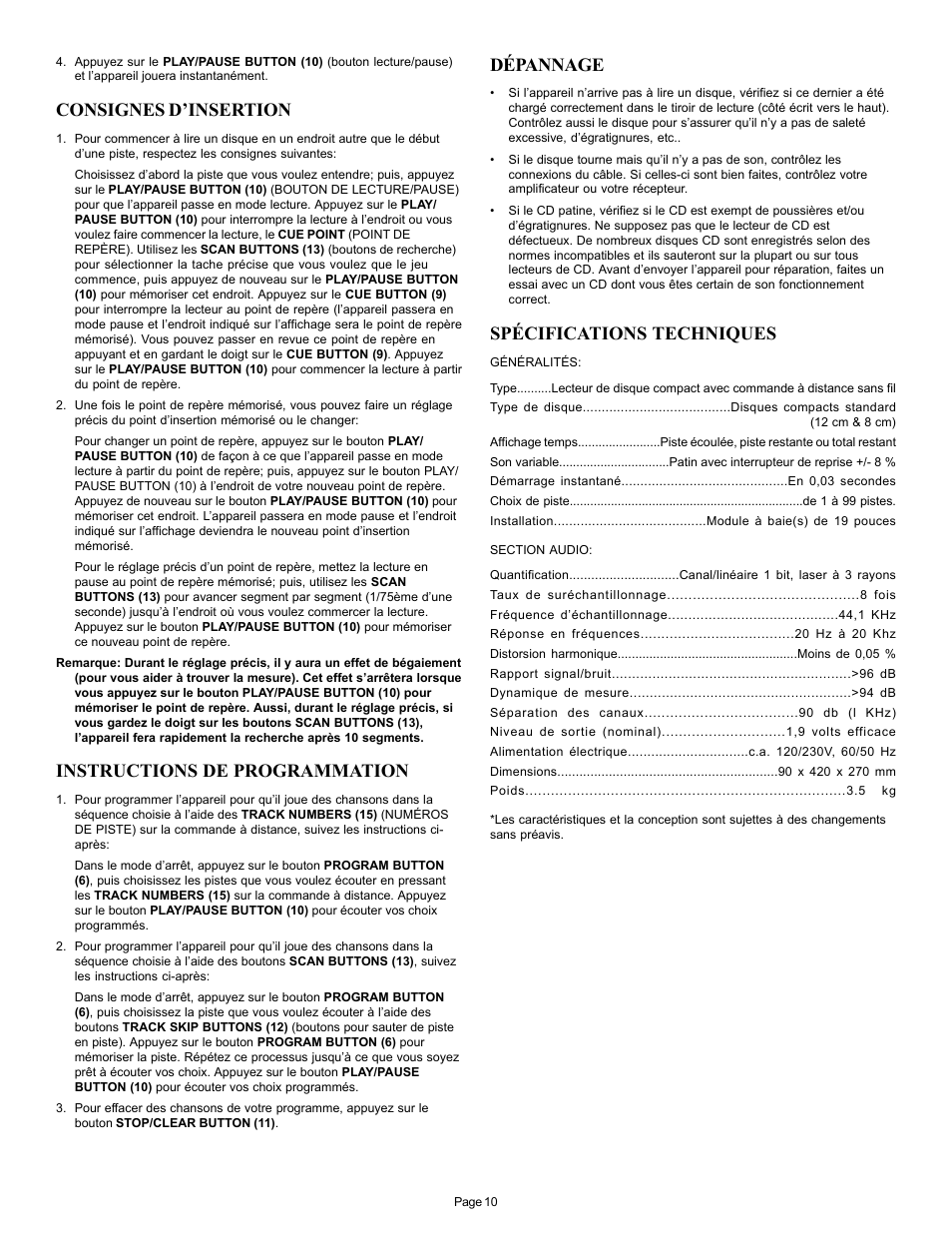 Consignes d’insertion, Instructions de programmation, Dépannage | Spécifications techniques | Gemini CD-12 User Manual | Page 10 / 13