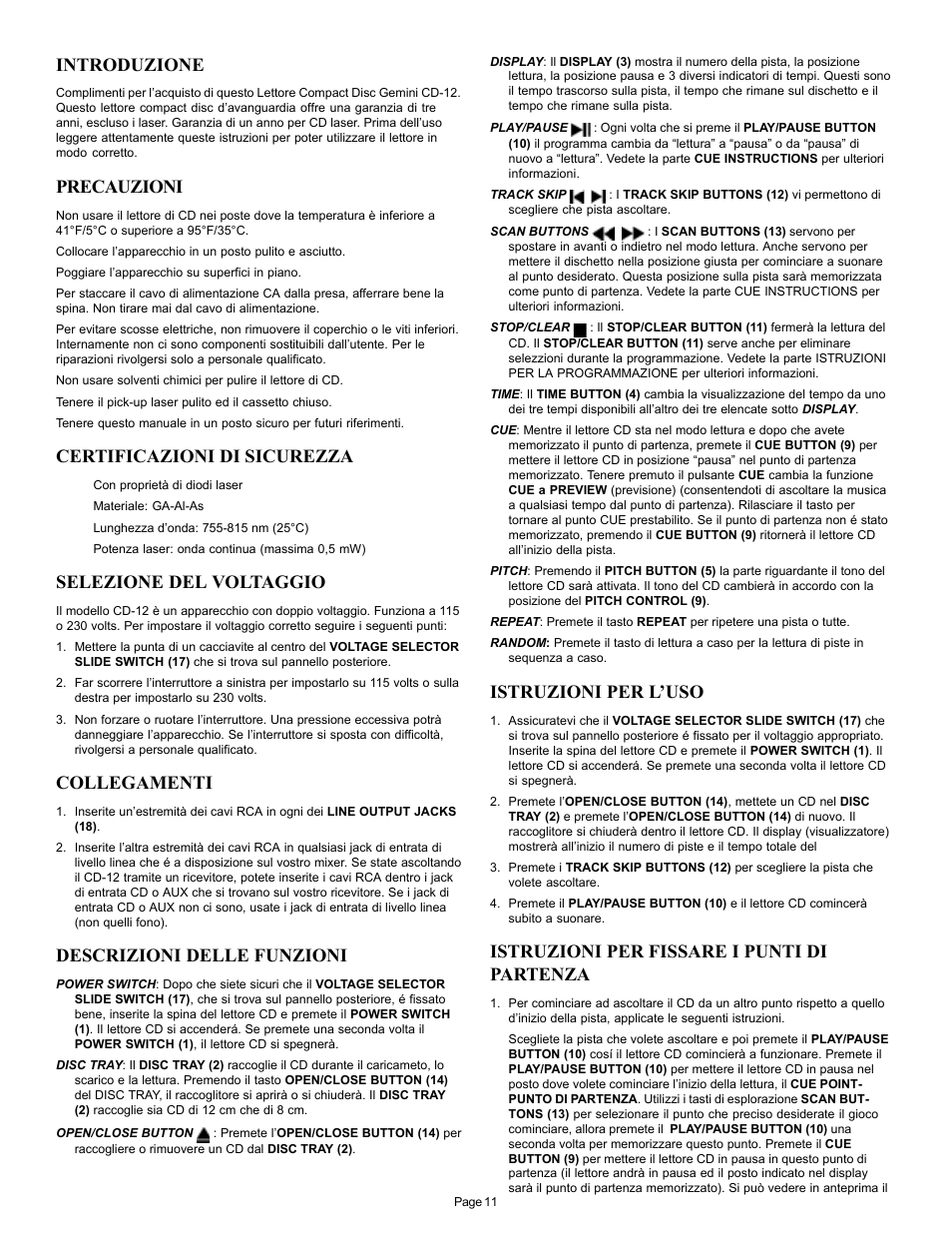 Introduzione, Precauzioni, Certificazioni di sicurezza | Selezione del voltaggio, Collegamenti, Descrizioni delle funzioni, Istruzioni per l’uso, Istruzioni per fissare i punti di partenza | Gemini CD-12 User Manual | Page 11 / 13