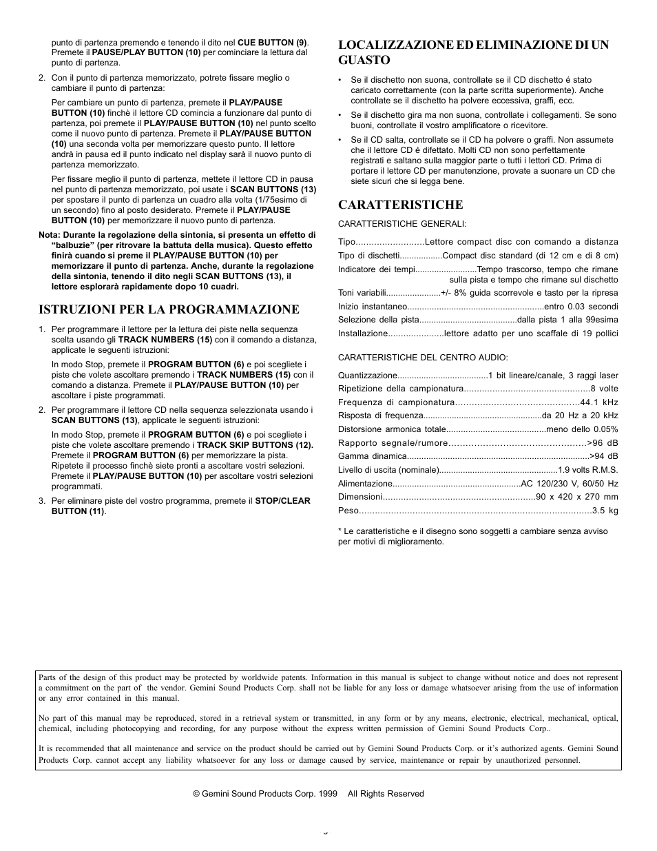 Istruzioni per la programmazione, Localizzazione ed eliminazione di un guasto, Caratteristiche | Gemini CD-12 User Manual | Page 12 / 13