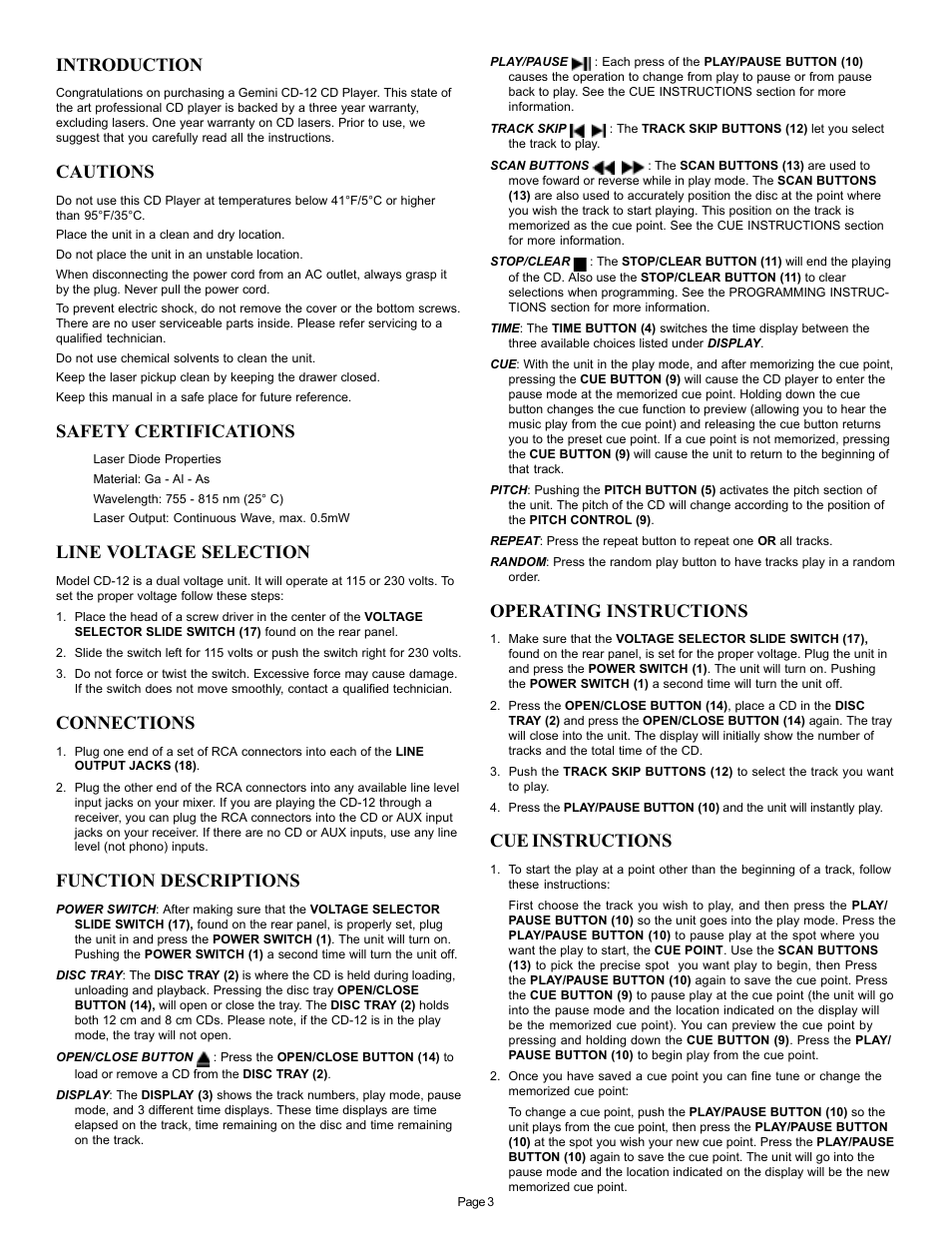 Introduction, Cautions, Safety certifications | Line voltage selection, Connections, Function descriptions, Operating instructions, Cue instructions | Gemini CD-12 User Manual | Page 3 / 13