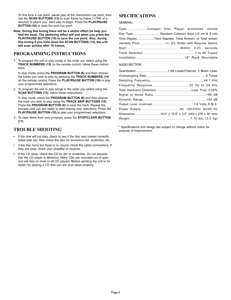 Programming instructions, Trouble shooting, Specifications | Gemini CD-12 User Manual | Page 4 / 13