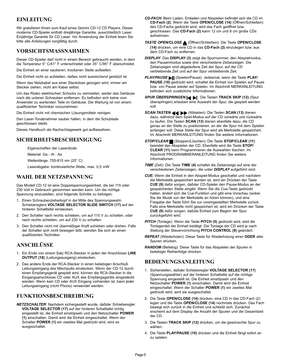 Einleitung, Vorsichtsmassnahmen, Sicherheitsbescheinigung | Wahl der netzspannung, Anschlüsse, Funktionsbeschreibung, Bedienungsanleitung | Gemini CD-12 User Manual | Page 5 / 13