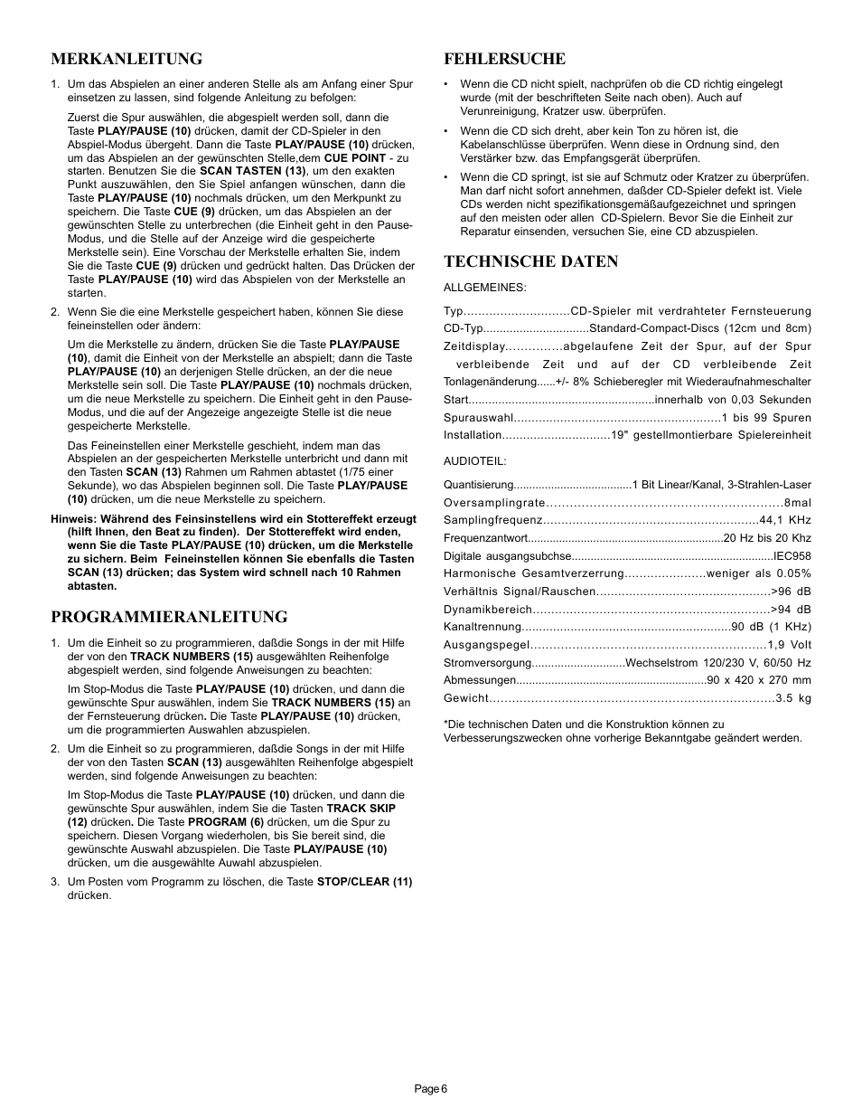 Merkanleitung, Programmieranleitung, Fehlersuche | Technische daten | Gemini CD-12 User Manual | Page 6 / 13