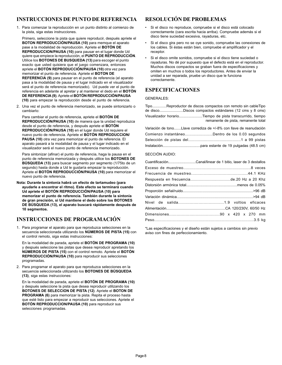 Instrucciones de punto de referencia, Instrucciones de programación, Resolución de problemas | Especificaciones | Gemini CD-12 User Manual | Page 8 / 13