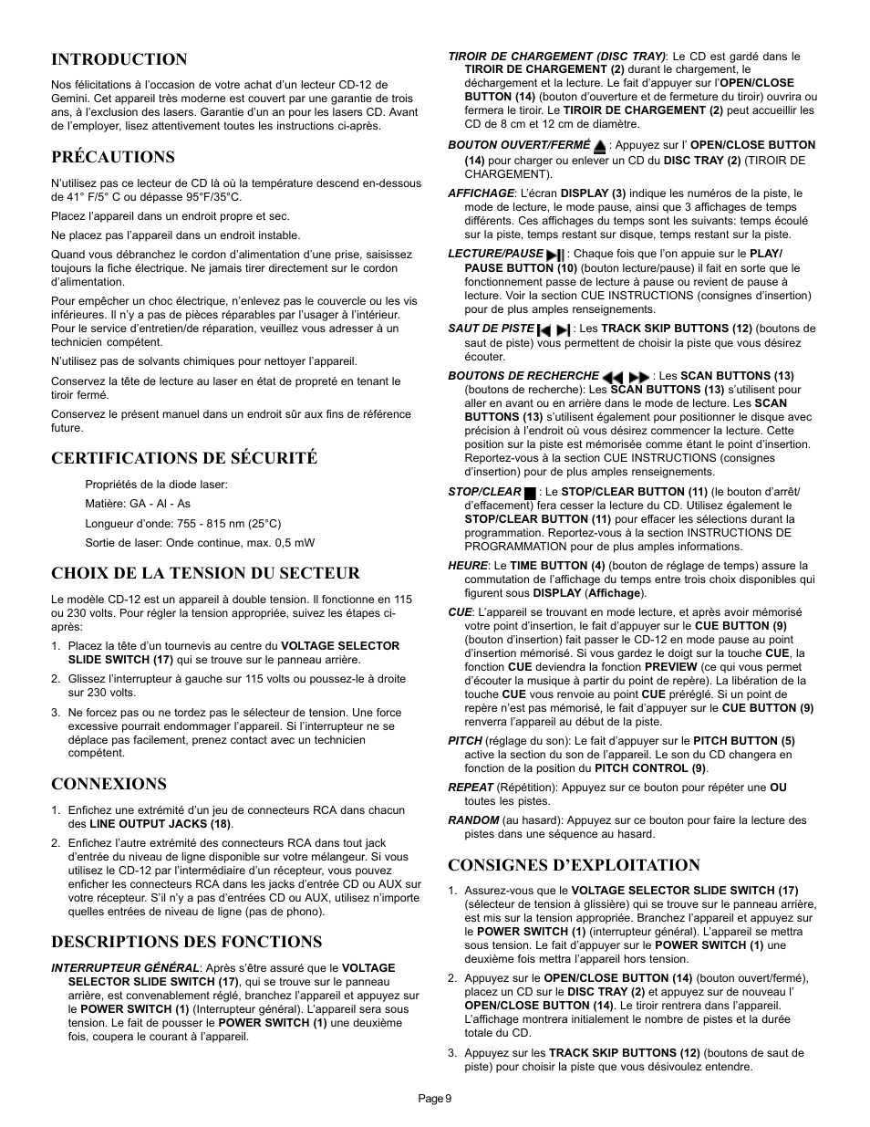 Introduction, Précautions, Certifications de sécurité | Choix de la tension du secteur, Connexions, Descriptions des fonctions, Consignes d’exploitation | Gemini CD-12 User Manual | Page 9 / 13