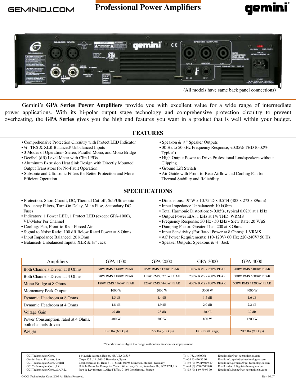 Professional power amplifiers, Specifications | Gemini GPA-1000 User Manual | Page 2 / 2