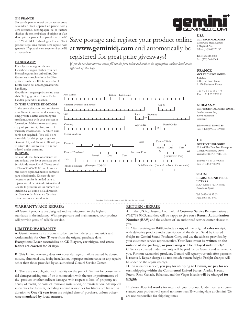 Warranty and repair, Limited warranty, Return/repair | Gemini GVX-15 User Manual | Page 8 / 9