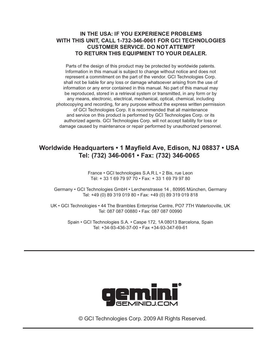 Gemini GVX-15 User Manual | Page 9 / 9