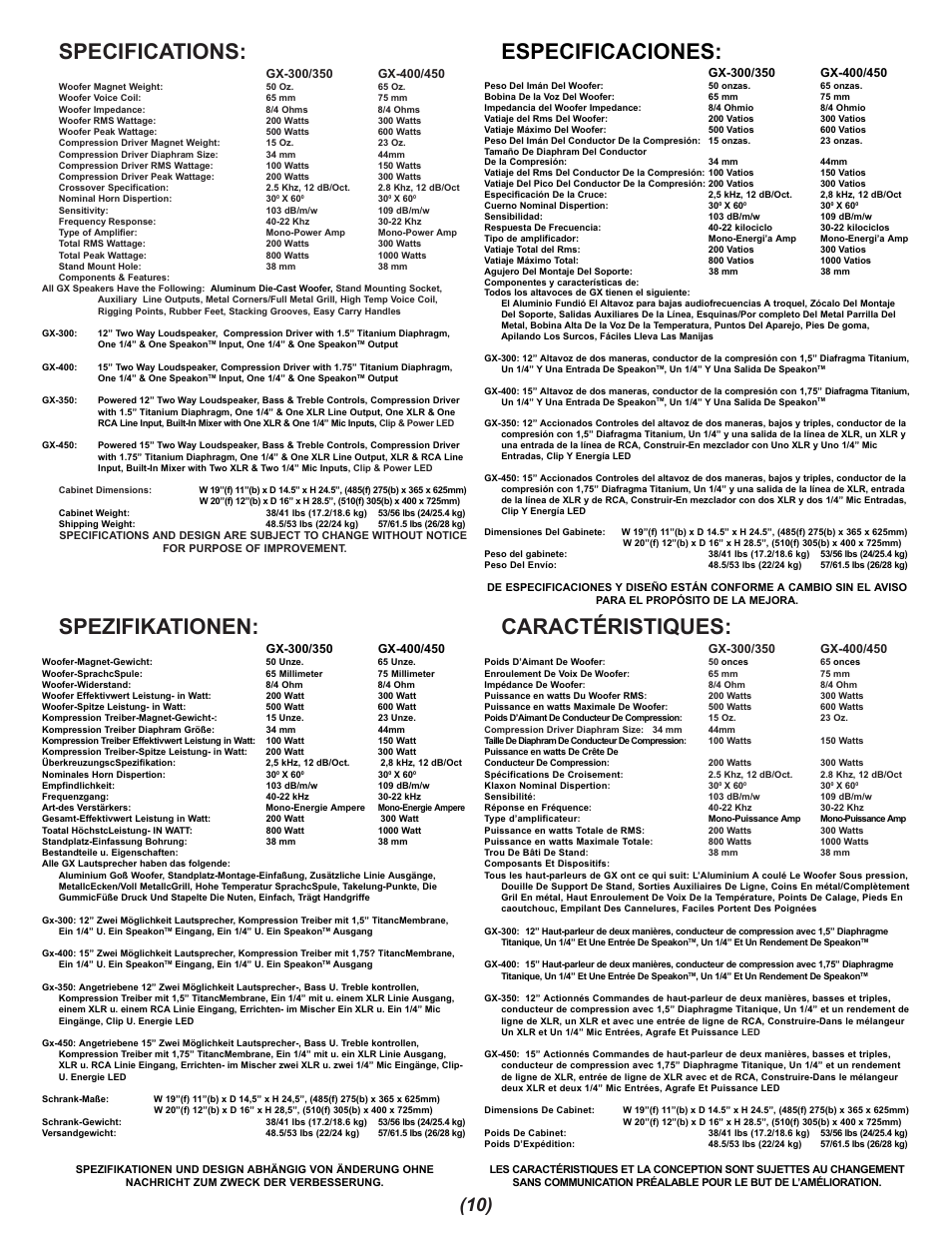 Specifications, Spezifikationen, Especificaciones | Caractéristiques | Gemini GX-350 User Manual | Page 10 / 12