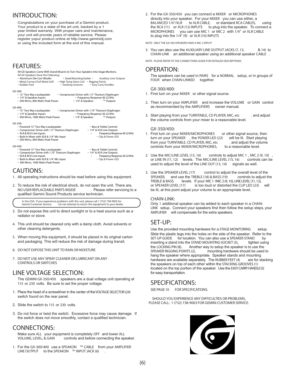 Introduction, Features, Cautions | Line voltage selection, Connections, Operation, Set-up, Specifications, Chain-link | Gemini GX-350 User Manual | Page 6 / 12