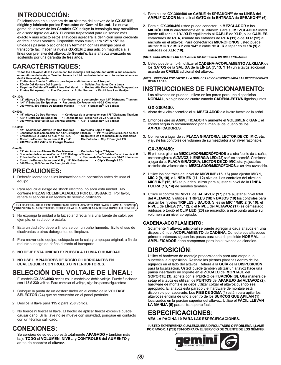 Introducción, Caractéristiques, Precauiones | Selección del voltaje de líneal, Conexiones, Instrucciones de funcionamiento, Disposición, Especificaciones | Gemini GX-350 User Manual | Page 8 / 12