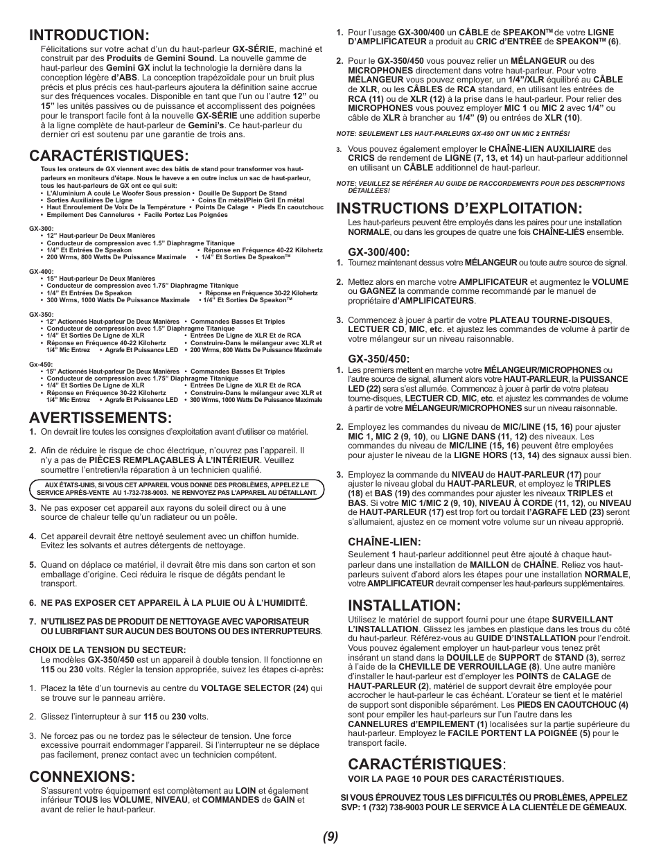 Introduction, Caractéristiques, Avertissements | Connexions, Instructions d’exploitation, Installation | Gemini GX-350 User Manual | Page 9 / 12