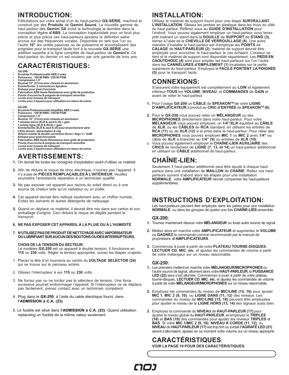 Introduction, Caractéristiques, Avertissements | Installation, Connexions, Chaîne-lien, Instructions d’exploitation | Gemini GX-200 User Manual | Page 10 / 12