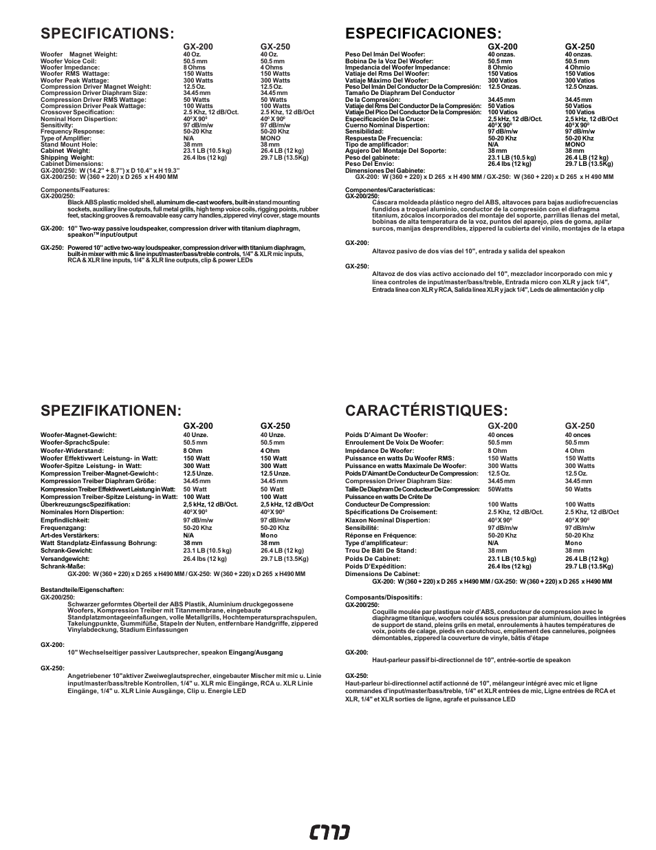 Especificaciones, Caractéristiques, Specifications | Spezifikationen | Gemini GX-200 User Manual | Page 11 / 12