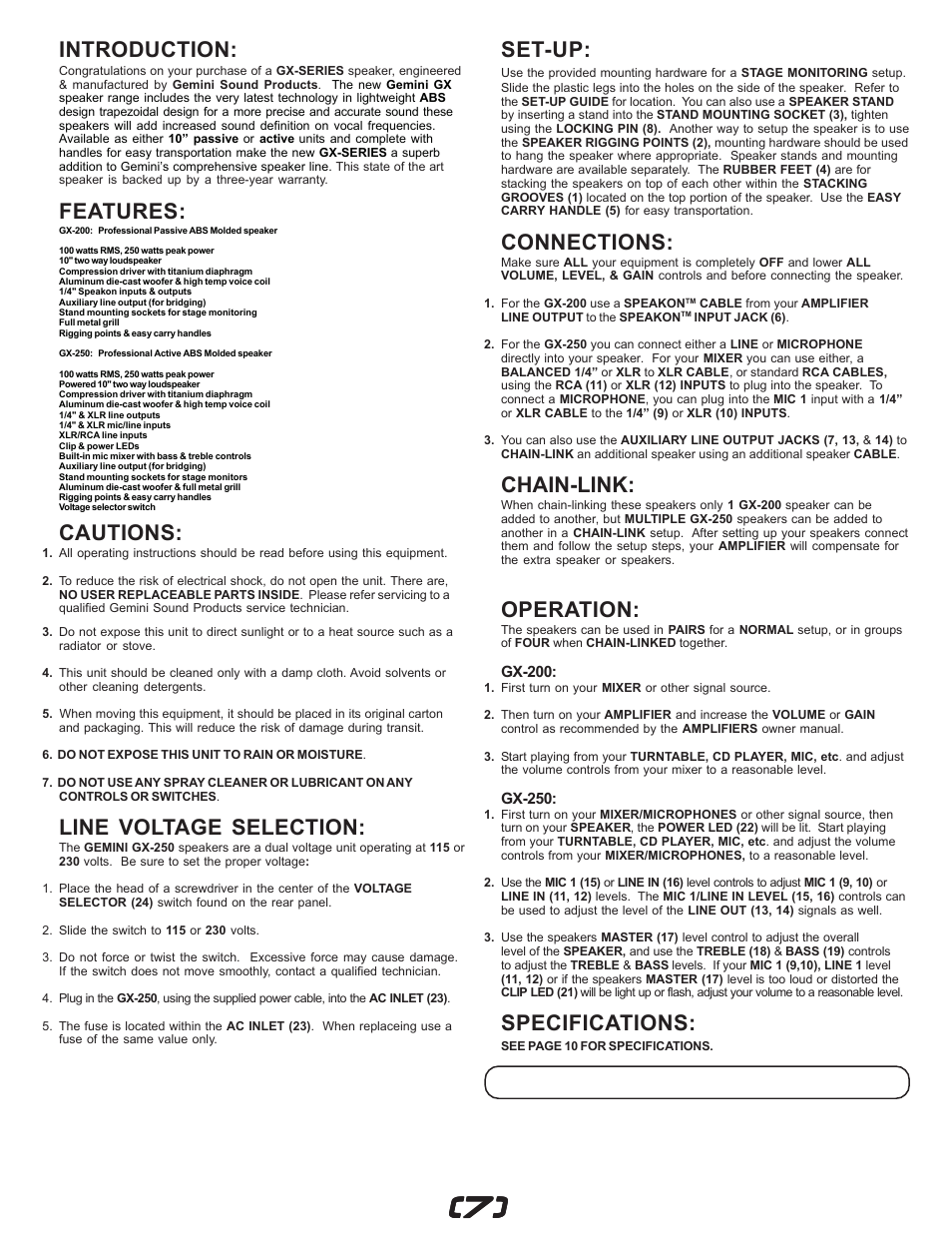 Introduction, Features, Cautions | Line voltage selection, Set-up, Connections, Chain-link, Operation, Specifications | Gemini GX-200 User Manual | Page 7 / 12