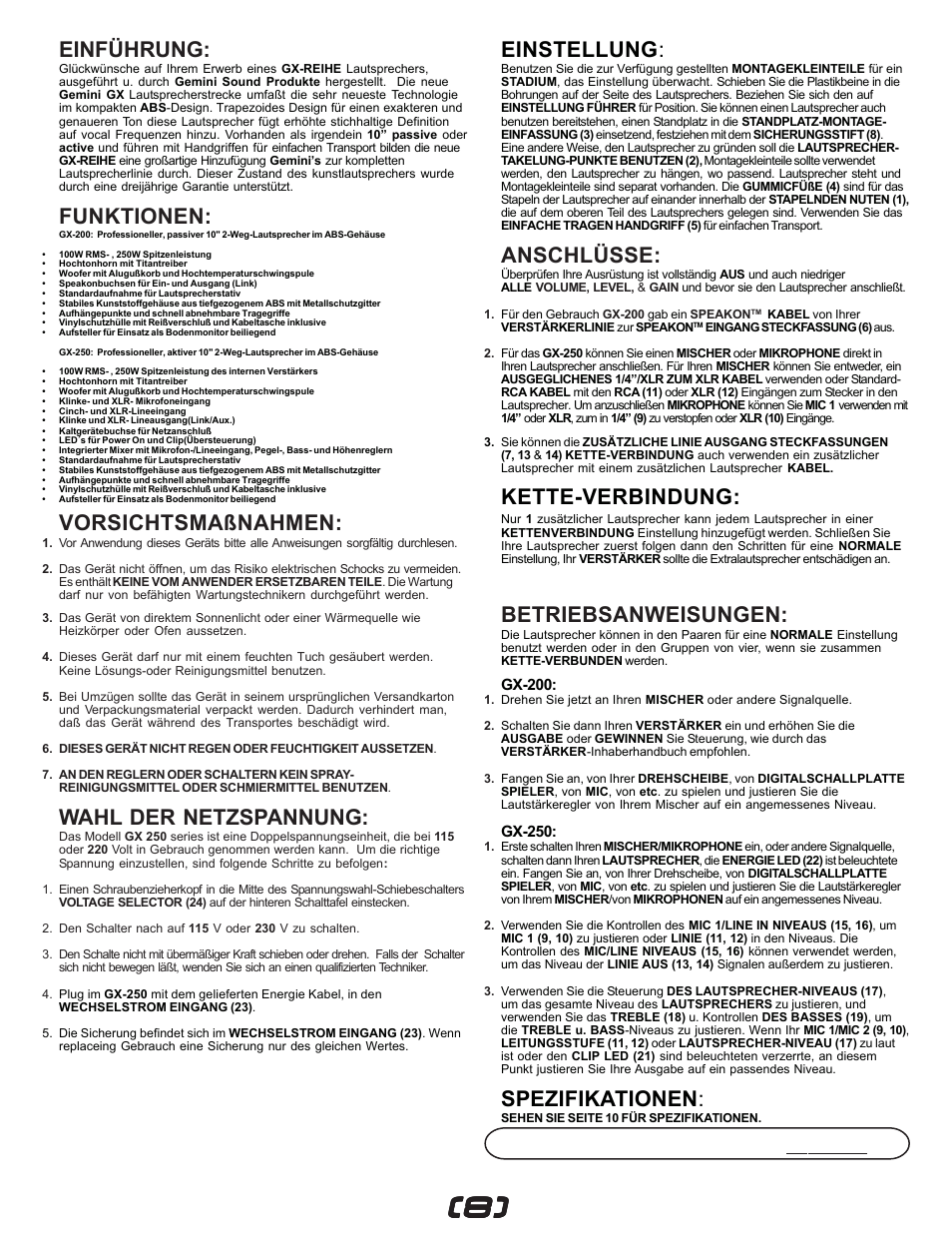 Einstellung, Anschlüsse, Kette-verbindung | Betriebsanweisungen, Spezifikationen, Einführung, Funktionen, Vorsichtsmaßnahmen, Wahl der netzspannung | Gemini GX-200 User Manual | Page 8 / 12