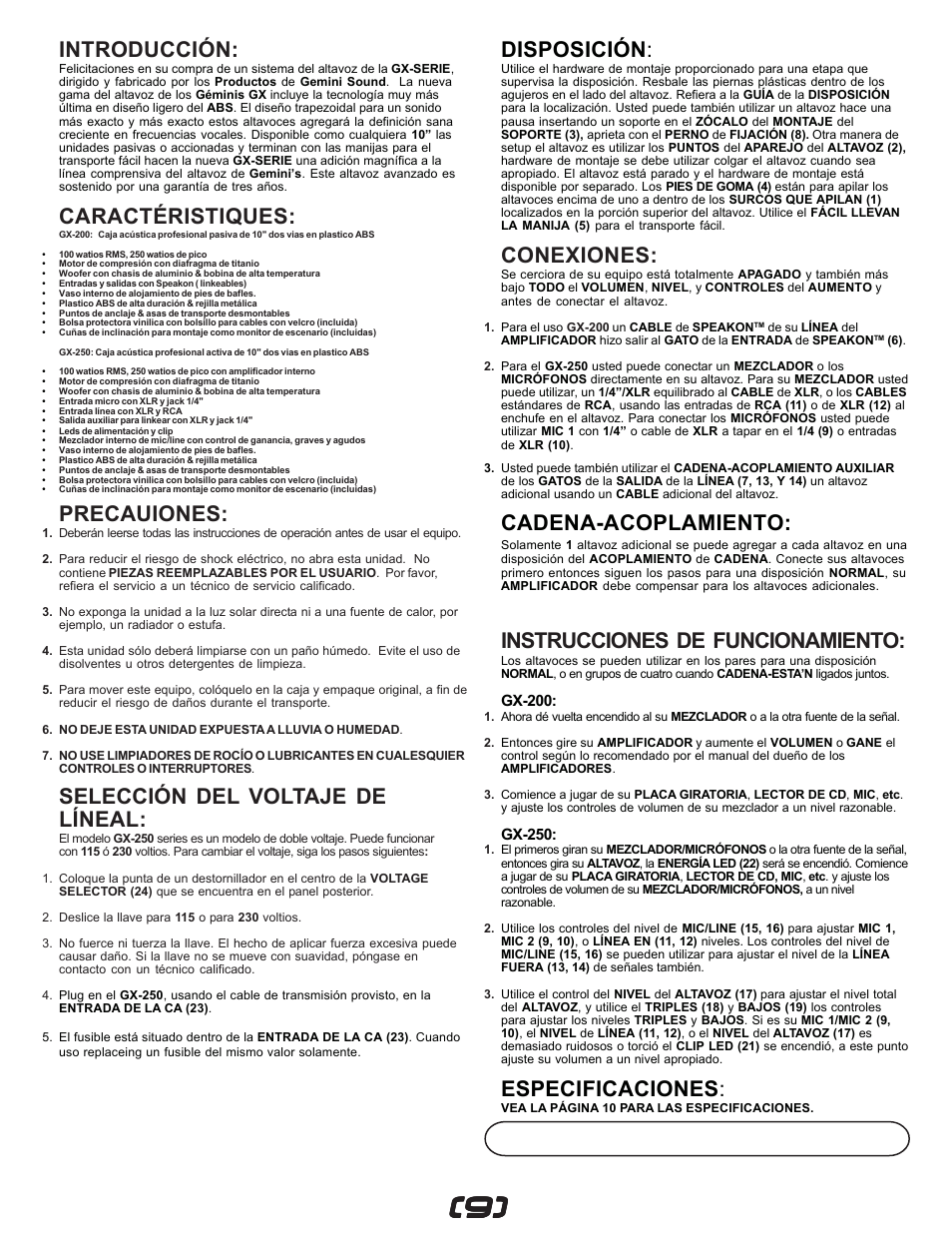 Introducción, Caractéristiques, Precauiones | Selección del voltaje de líneal, Disposición, Conexiones, Cadena-acoplamiento, Instrucciones de funcionamiento, Especificaciones | Gemini GX-200 User Manual | Page 9 / 12