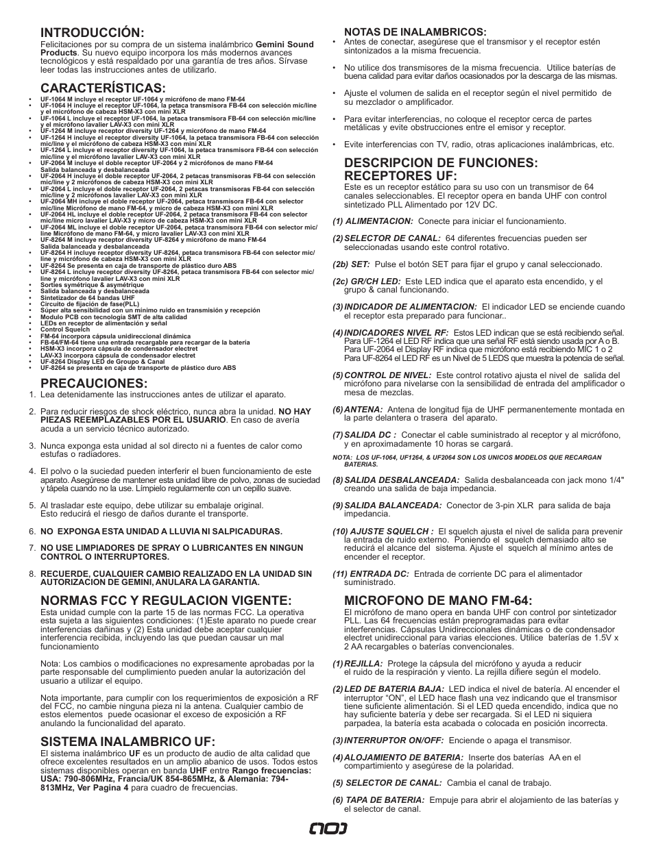 Introducción, Características, Precauciones | Normas fcc y regulacion vigente, Sistema inalambrico uf, Descripcion de funciones: receptores uf, Microfono de mano fm-64, Notas de inalambricos | Gemini UF-I064 User Manual | Page 10 / 16