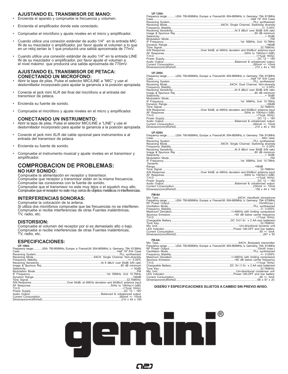Comprobacion de problemas, Ajustando el transmisor de mano, Conectando un instrumento | No hay sonido, Interferencias sonoras, Distorsion, Especificaciones | Gemini UF-I064 User Manual | Page 12 / 16