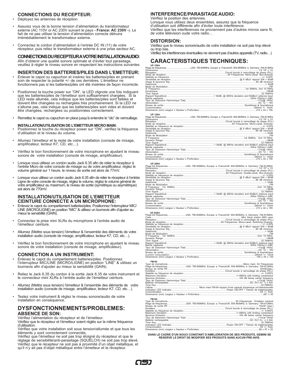 Dysfonctionnements/problemes, Caracteristiques techniques, Connections du recepteur | Insertion des batteries/piles dans l’emetteur, Connection a un instrument, Absence de son, Interference/parasitage audio, Distorsion | Gemini UF-I064 User Manual | Page 15 / 16