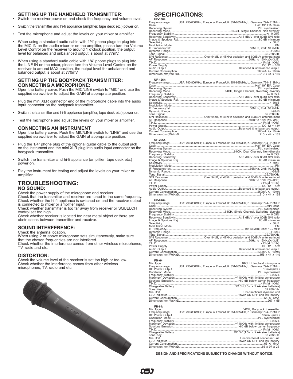 Troubleshooting, Specifications, Setting up the handheld transmitter | Connecting an instrument, No sound, Sound interference, Distortion | Gemini UF-I064 User Manual | Page 6 / 16