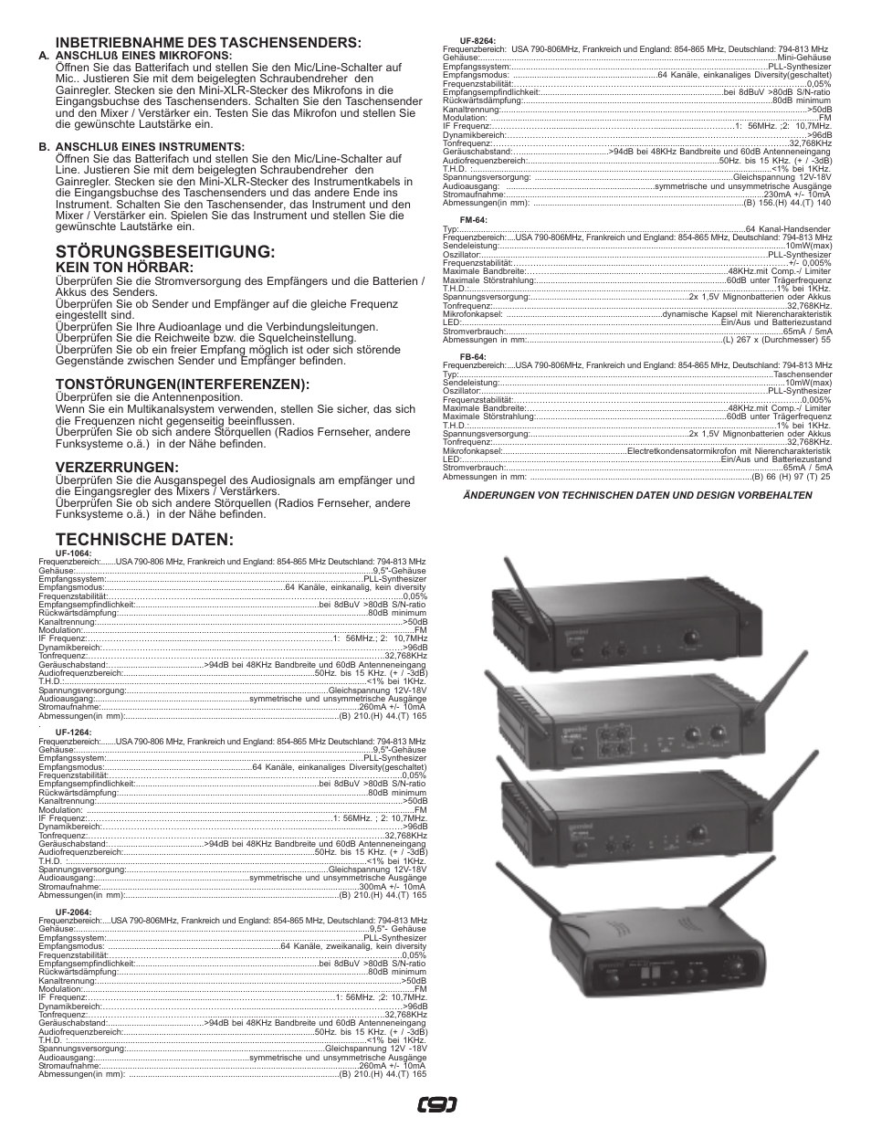 Störungsbeseitigung, Technische daten, Inbetriebnahme des taschensenders | Kein ton hörbar, Tonstörungen(interferenzen), Verzerrungen | Gemini UF-I064 User Manual | Page 9 / 16