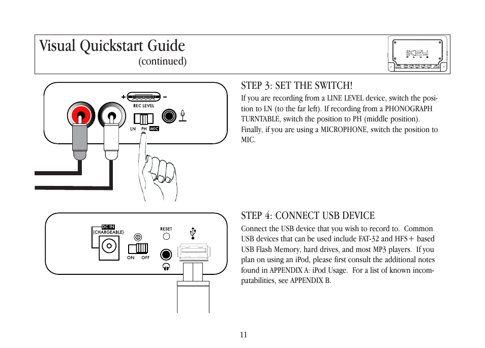 Visual quickstart guide, Continued) step 3: set the switch, Step 4: connect usb device | Gemini iKEYplus User Manual | Page 11 / 109