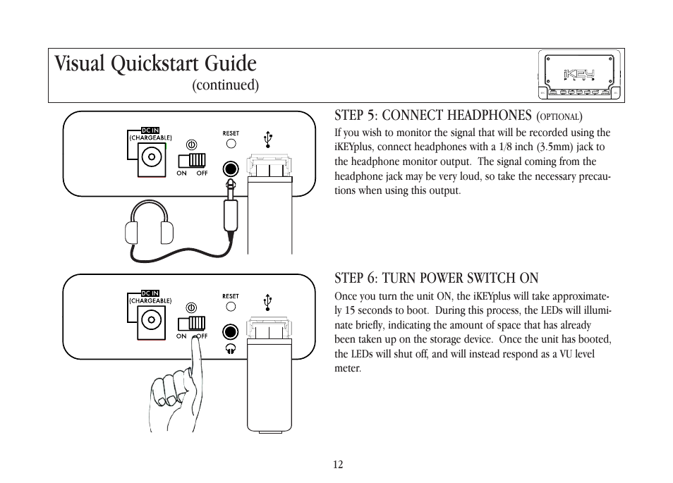 Visual quickstart guide, Step 6: turn power switch on, Step 5: connect headphones | Continued) | Gemini iKEYplus User Manual | Page 12 / 109