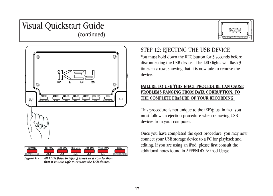 Visual quickstart guide, Step 12: ejecting the usb device, Continued) | Gemini iKEYplus User Manual | Page 17 / 109