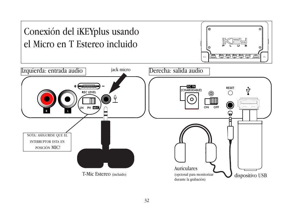 Izquierda: entrada audio derecha: salida audio, Dispositivo usb auriculares, T-mic estereo | Jack micro, Mic! 32 | Gemini iKEYplus User Manual | Page 32 / 109