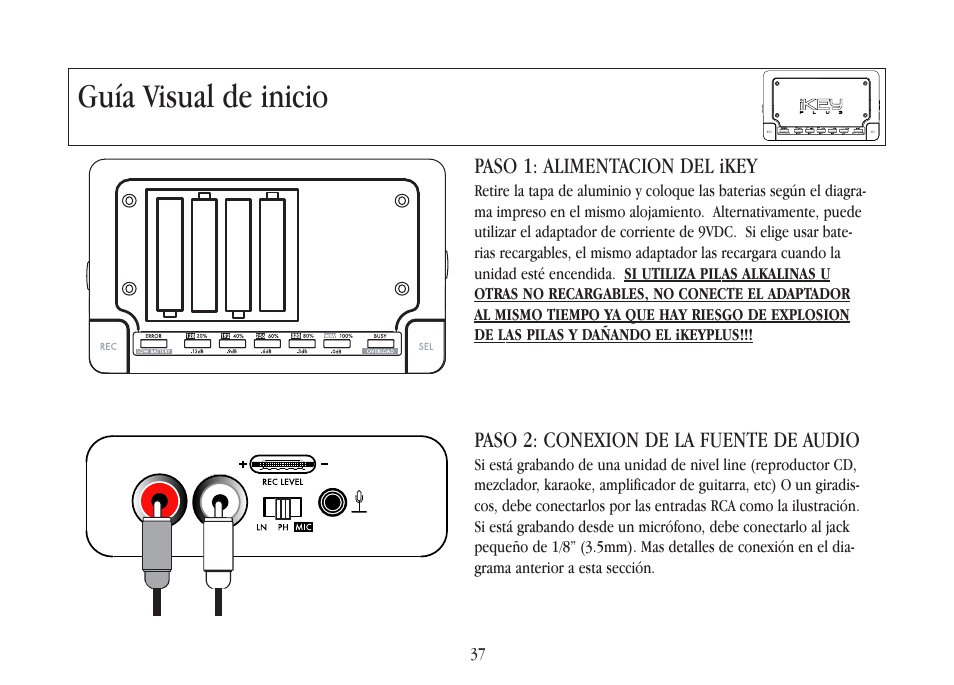 Guía visual de inicio, Paso 1: alimentacion del ikey, Paso 2: conexion de la fuente de audio | Gemini iKEYplus User Manual | Page 37 / 109