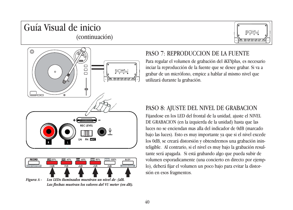 Guía visual de inicio, Paso 7: reproduccion de la fuente, Paso 8: ajuste del nivel de grabacion | Continuación) | Gemini iKEYplus User Manual | Page 40 / 109