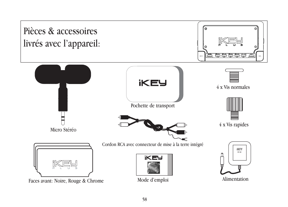 Pièces & accessoires livrés avec l’appareil, Micro stéréo | Gemini iKEYplus User Manual | Page 58 / 109
