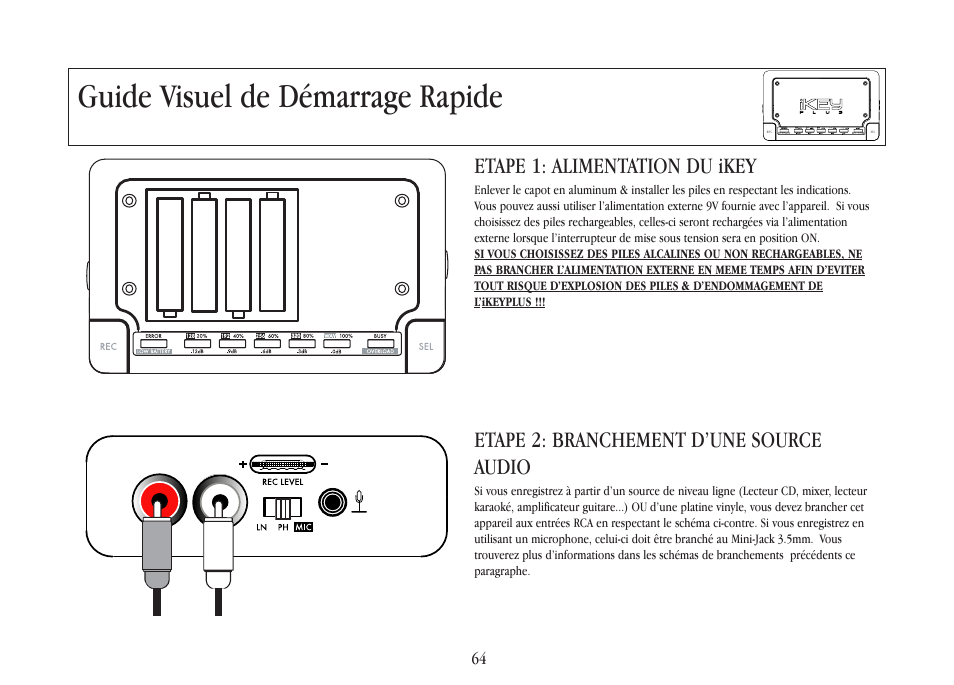 Guide visuel de démarrage rapide, Etape 1: alimentation du ikey, Etape 2: branchement d’une source audio | Gemini iKEYplus User Manual | Page 64 / 109