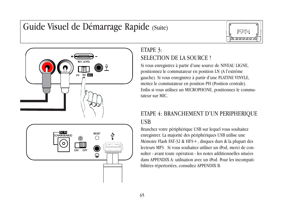 Guide visuel de démarrage rapide, Suite) etape 3: selection de la source, Etape 4: branchement d’un peripherique usb | Gemini iKEYplus User Manual | Page 65 / 109