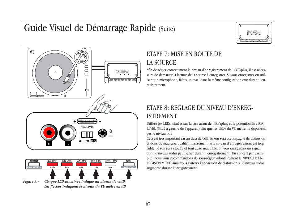Guide visuel de démarrage rapide, Etape 7: mise en route de la source, Etape 8: reglage du niveau d’enreg- istrement | Suite) | Gemini iKEYplus User Manual | Page 67 / 109