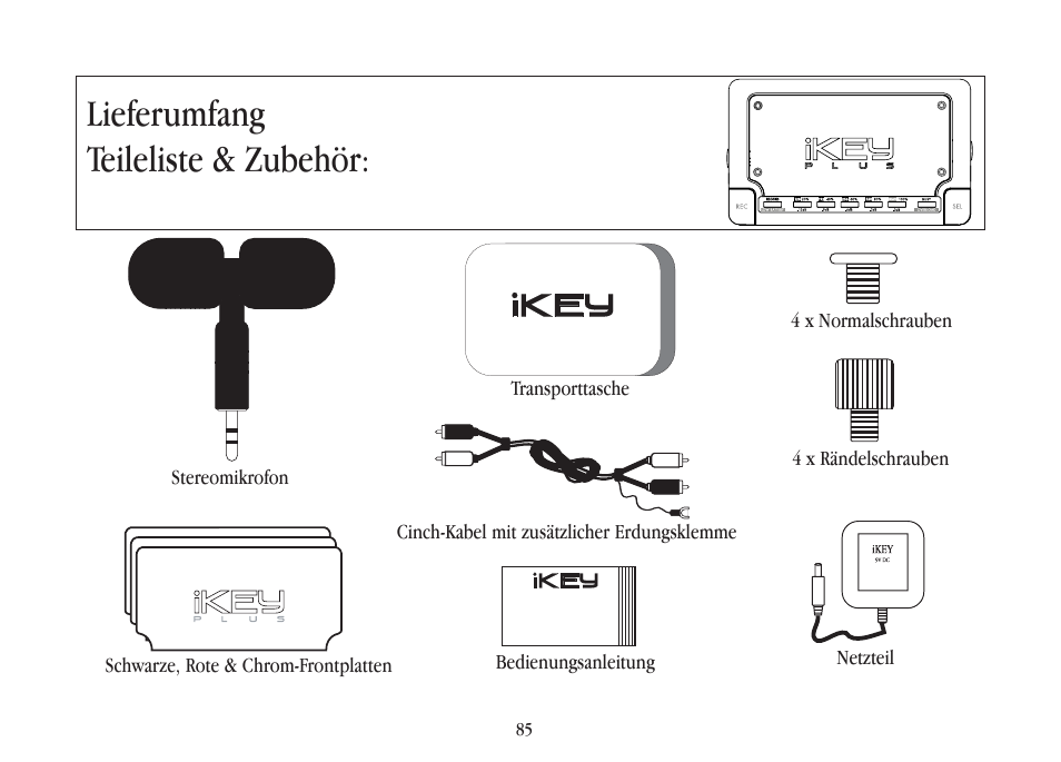 Lieferumfang teileliste & zubehör | Gemini iKEYplus User Manual | Page 85 / 109