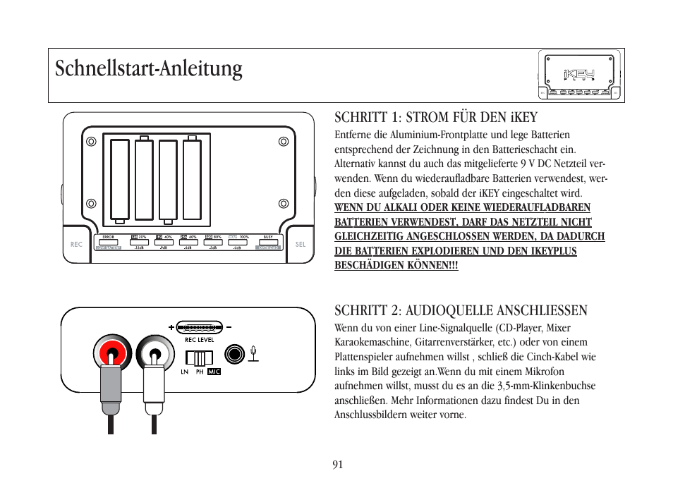 Schnellstart-anleitung, Schritt 1: strom für den ikey, Schritt 2: audioquelle anschliessen | Gemini iKEYplus User Manual | Page 91 / 109