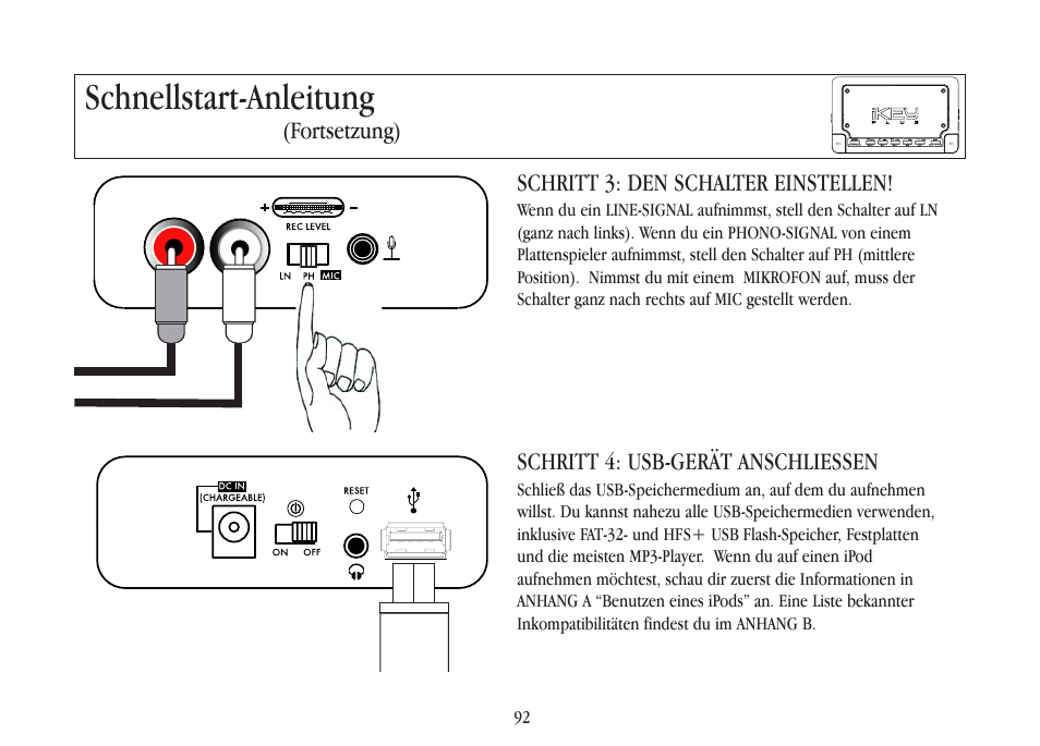 Schnellstart-anleitung, Fortsetzung) schritt 3: den schalter einstellen, Schritt 4: usb-gerät anschliessen | Gemini iKEYplus User Manual | Page 92 / 109