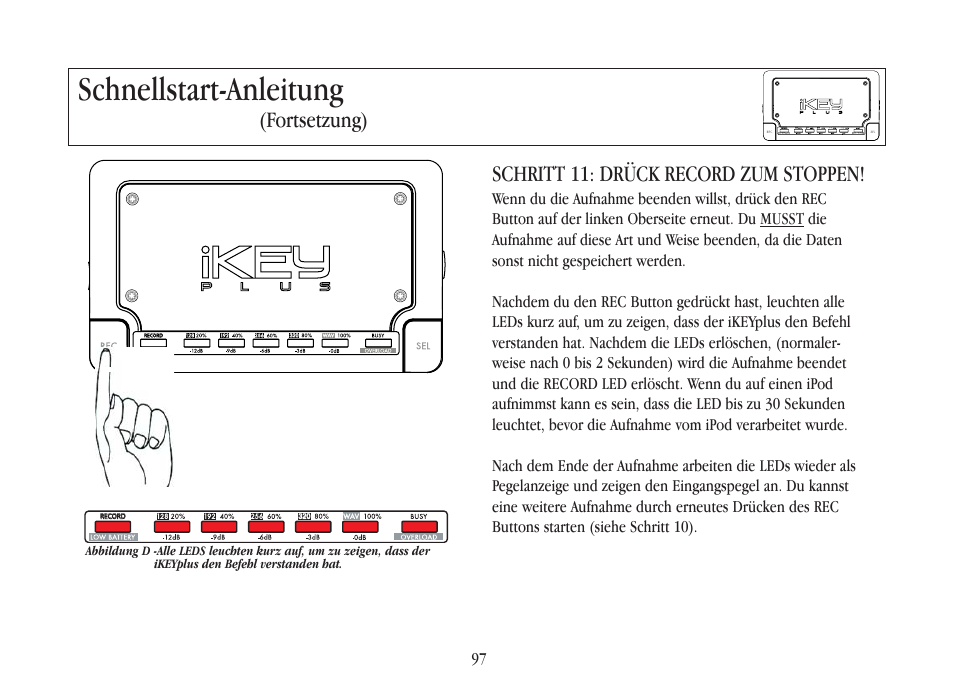 Schnellstart-anleitung, Schritt 11: drück record zum stoppen, Fortsetzung) | Gemini iKEYplus User Manual | Page 97 / 109