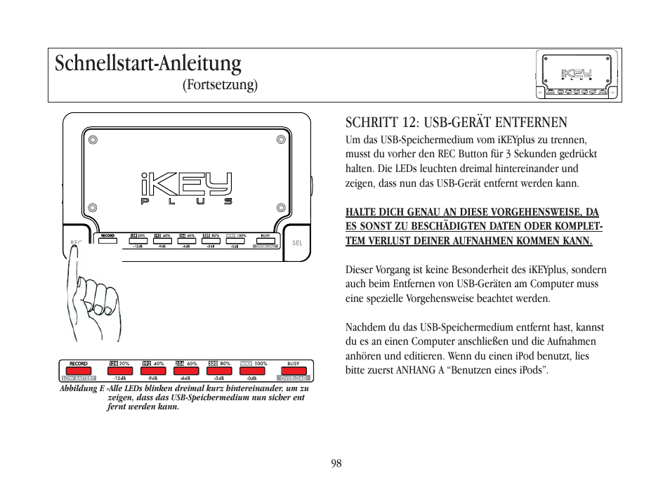 Schnellstart-anleitung, Schritt 12: usb-gerät entfernen, Fortsetzung) | Gemini iKEYplus User Manual | Page 98 / 109