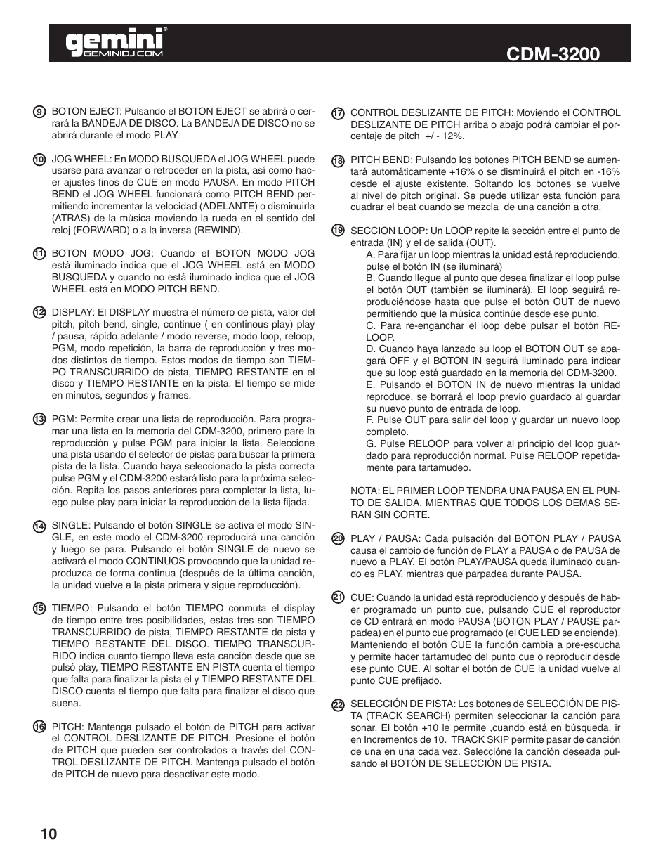 Cdm-3200 | Gemini CDM-3200 User Manual | Page 10 / 24